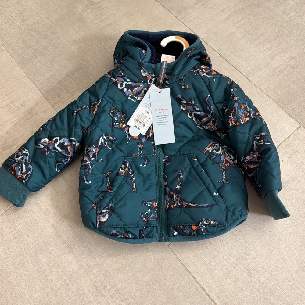 Toddler Boys' Dino Printed Quilted Reversible Puffer Jacket - Cat & Jack 12 Mon